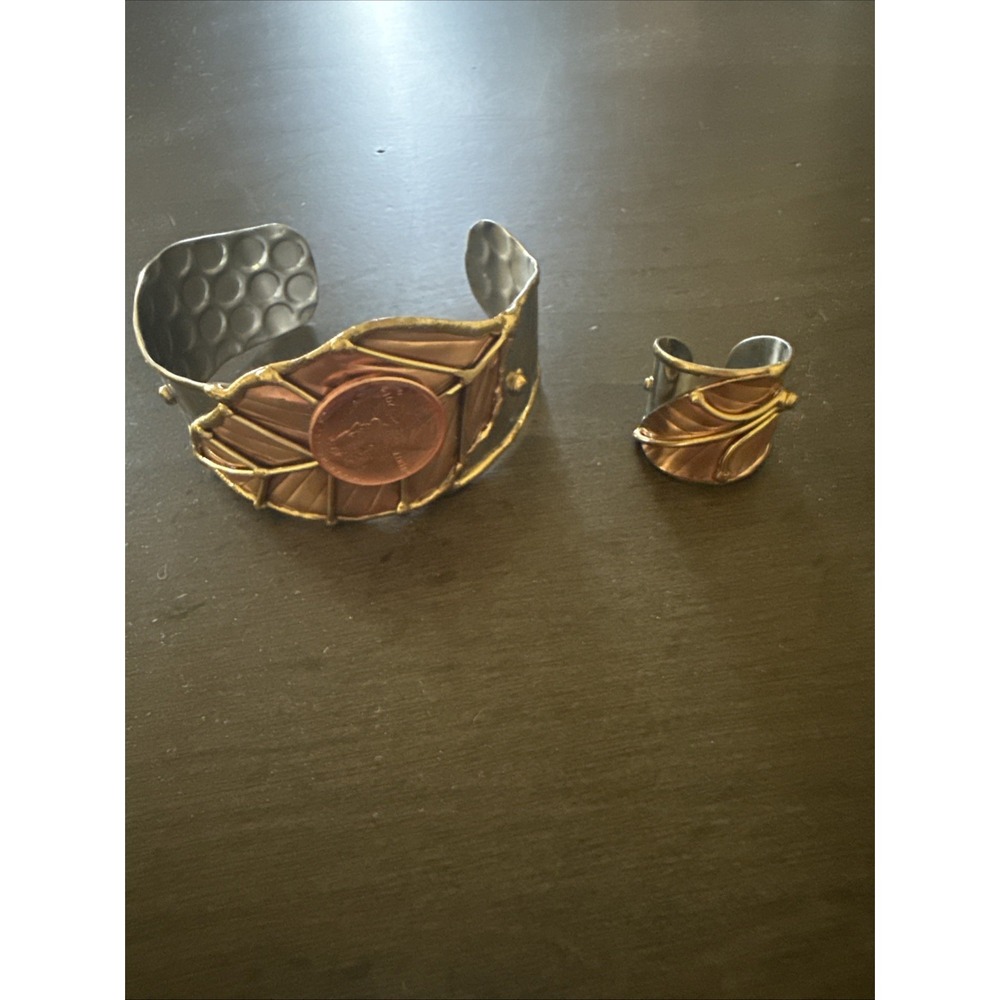 Vintage Copper‎ & Tin Cuff Bracelet Bangle Penny Inset & Ring 2014 Leaf Leaves
